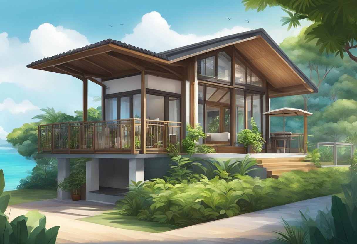 A cozy bungalow chalet in Singapore, nestled among lush greenery with a clear view of the sparkling blue sea