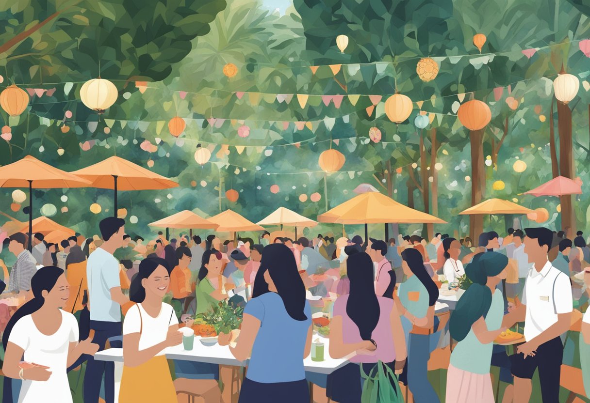 Lively crowd fills Halia at Singapore Botanic Gardens, enjoying events and functions. Vibrant atmosphere with music, food, and socializing