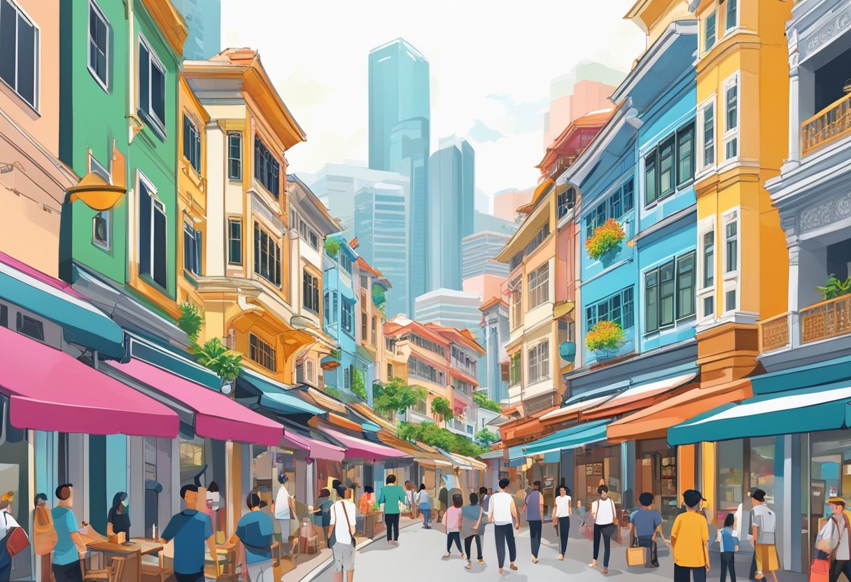 A bustling Singapore street lined with colorful shophouses and bustling with activity. A mix of modern and traditional architecture, with vibrant signs and bustling markets
