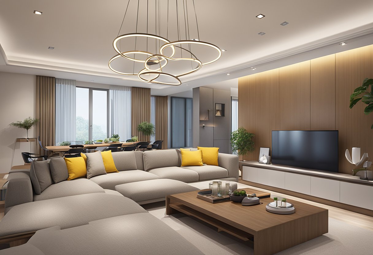 Various ceiling lights in Singapore: pendant, chandelier, recessed, and track lights illuminate a modern living room