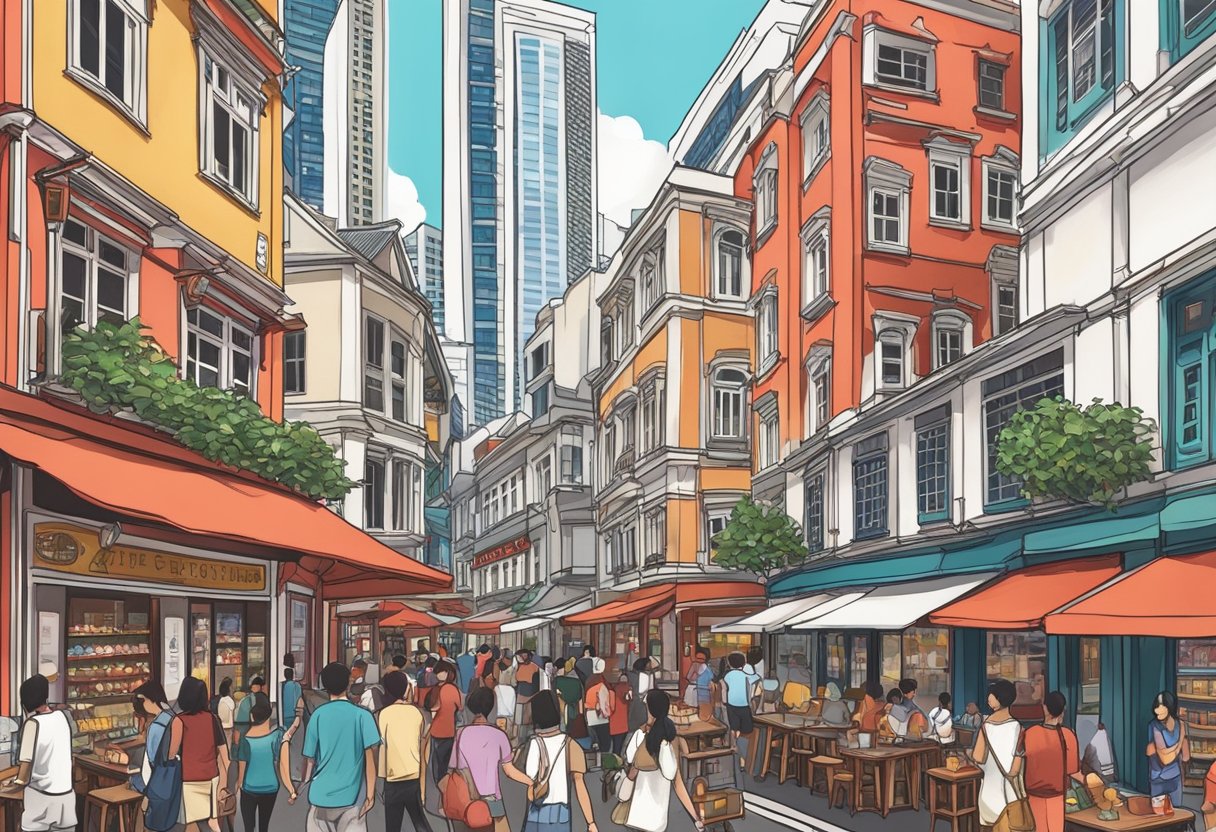 A bustling street in Singapore, lined with colorful shop houses and bustling with activity. The iconic red and white facade of the PUB building stands tall in the background