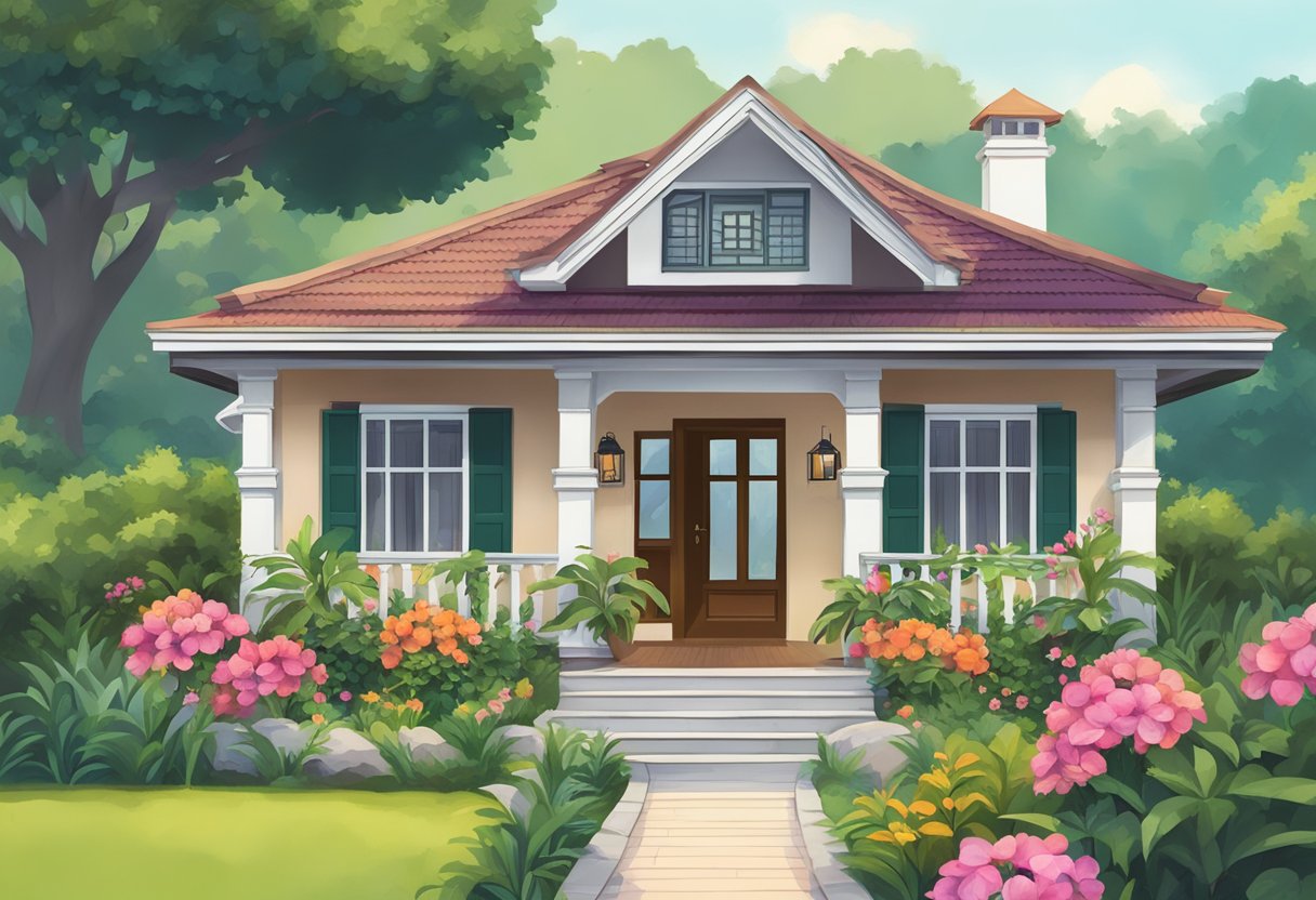 A cozy bungalow chalet in Singapore, surrounded by lush greenery and vibrant flowers, with a welcoming front porch and a sign reading "Frequently Asked Questions."