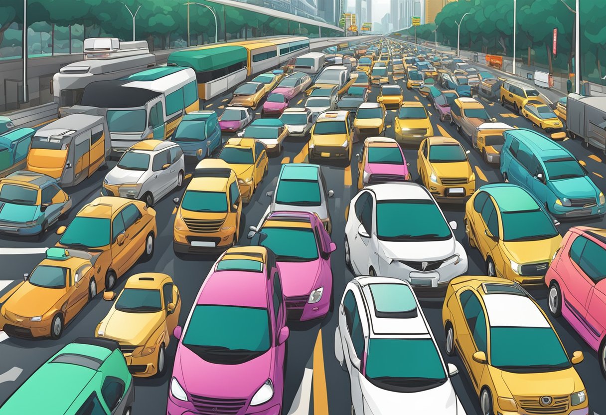 Vehicles gridlocked on Singapore roads, honking horns and flashing lights