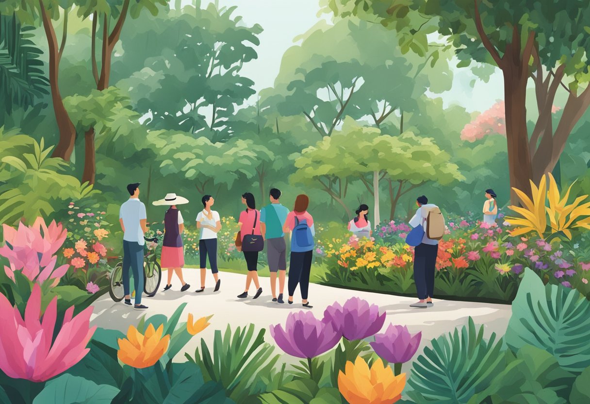Visitors gather around sign at Singapore Botanic Gardens, reading "Frequently Asked Questions about the Halia". Lush greenery and colorful flowers surround the area