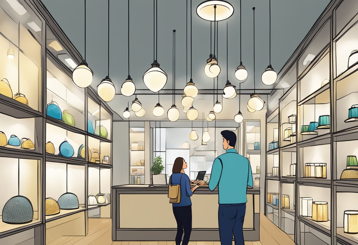 A customer browsing through various ceiling lights in a well-lit showroom, with a salesperson assisting them in selecting the perfect fixture
