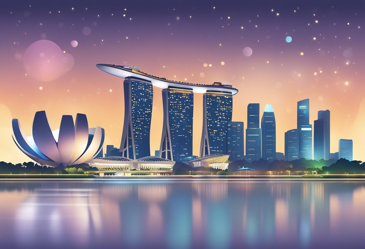 The Singapore skyline glows with the lights of towering skyscrapers and iconic landmarks, reflecting off the calm waters of Marina Bay