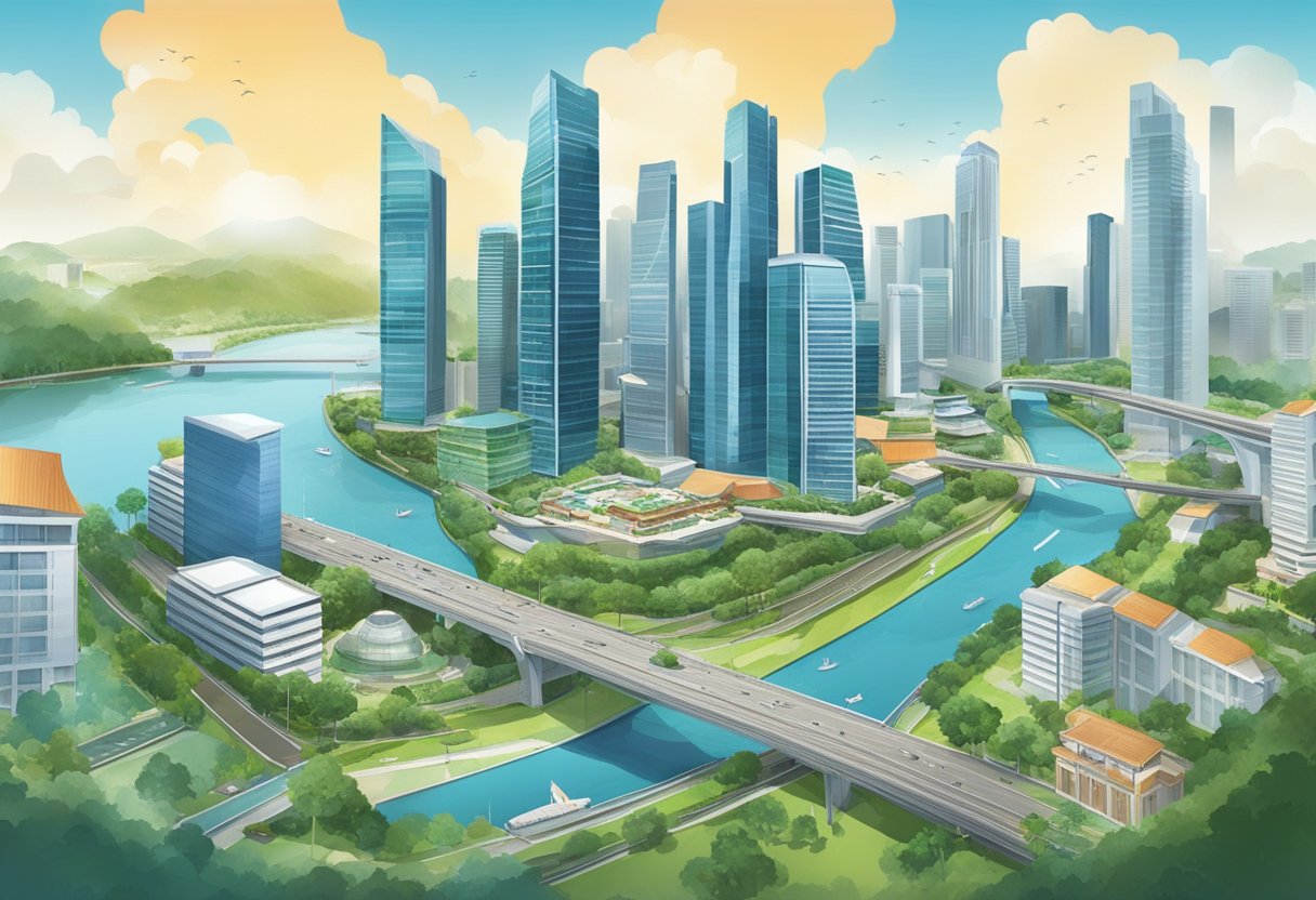 The bustling city of Singapore with its modern infrastructure and advanced water management systems, showcasing a balance between sustainability and urban development