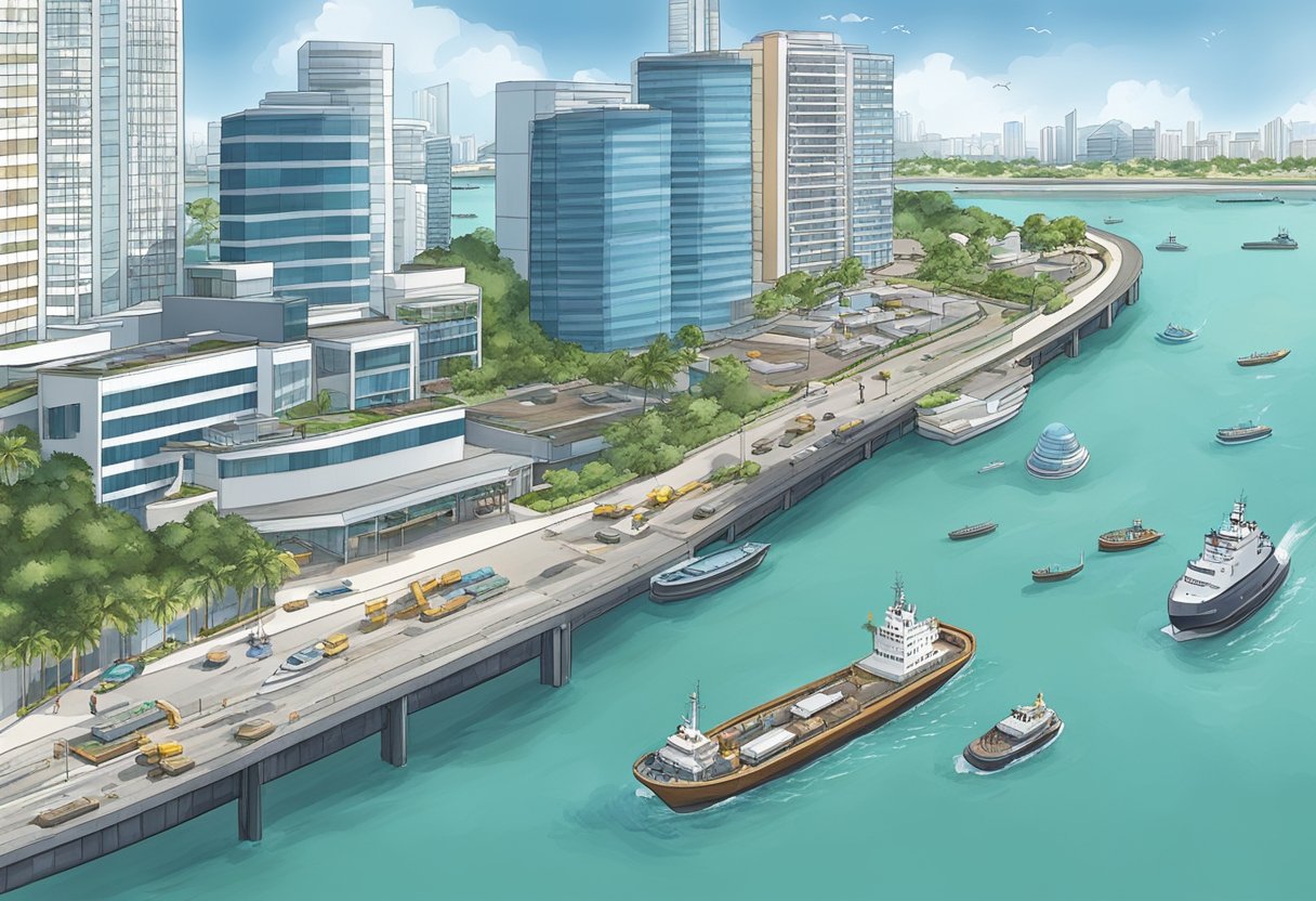 The Coastal Protection and Waterways Management office in Singapore overlooks a bustling harbor with ships coming and going, while a team of engineers and scientists work diligently to protect the coastline and manage the waterways
