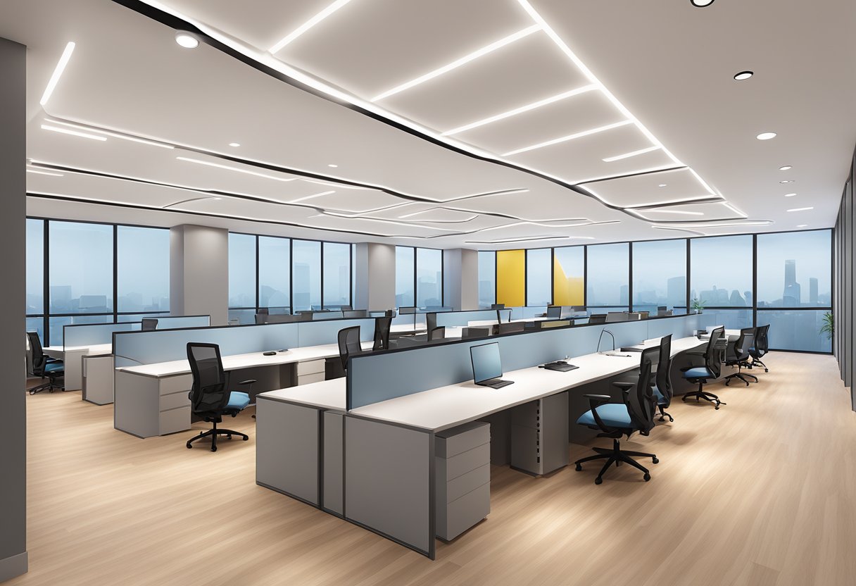 Multiple ceiling lights illuminating a modern Singapore office space, with sleek and minimalist design