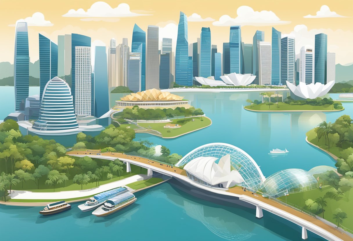 The Singapore skyline features iconic landmarks and attractions, including the Marina Bay Sands, the Singapore Flyer, and the Gardens by the Bay