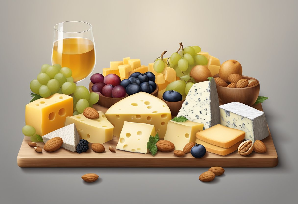 Assorted cheeses, crackers, fruits, and nuts arranged on a wooden platter with decorative garnishes