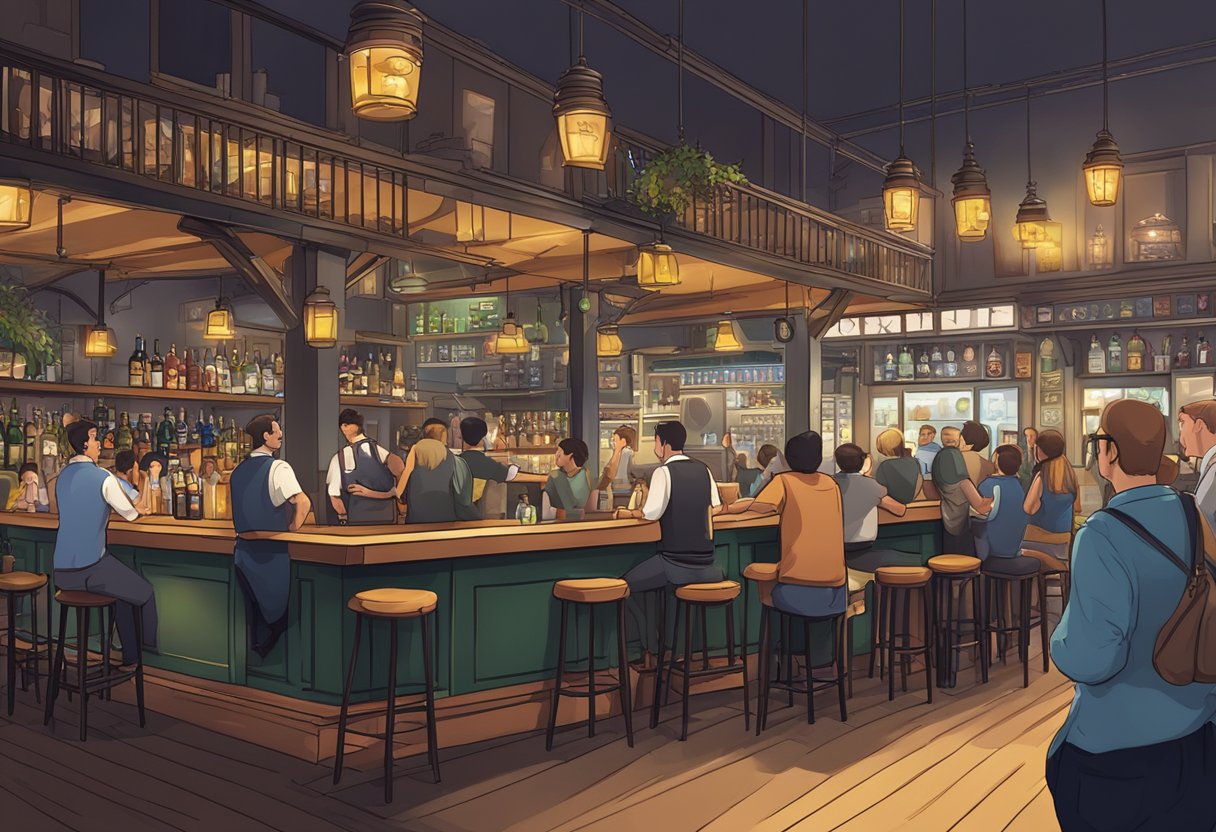 A bustling pub in Singapore with a prominent "Frequently Asked Questions" sign displayed, surrounded by lively patrons and bartenders