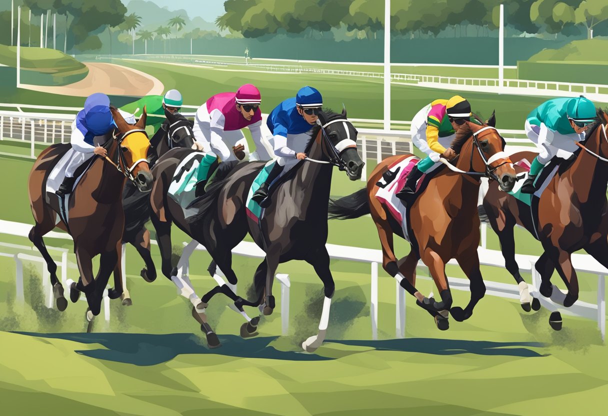 Horses thunder down the track at Singapore Turf Club, jockeys urging them on to the finish line