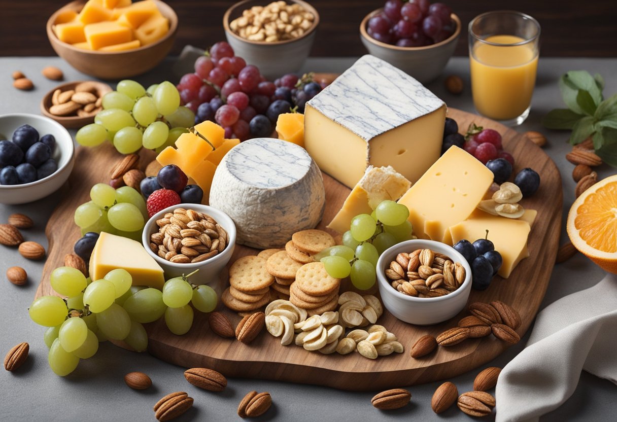 A beautifully arranged cheese platter is displayed on a wooden board, surrounded by fresh fruits, nuts, and crackers. The platter is set against a backdrop of elegant tableware and a warm, inviting ambiance