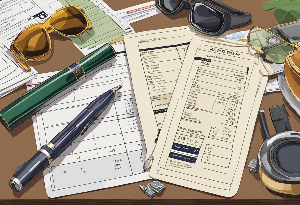 Race Day Essentials: A race card from the Singapore Turf Club, surrounded by binoculars, a betting slip, and a pen on a table