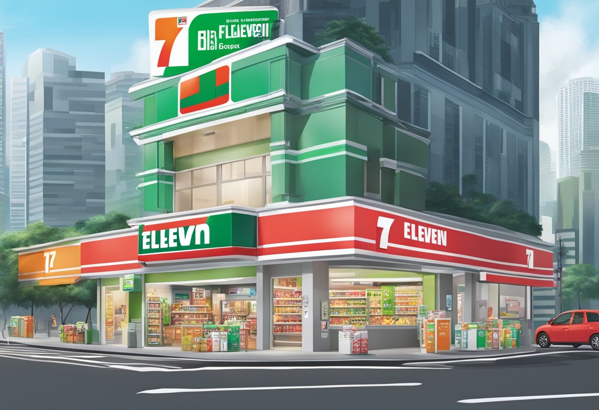 A brightly lit 7-Eleven store in Singapore, with its iconic red and green signage, surrounded by bustling city streets