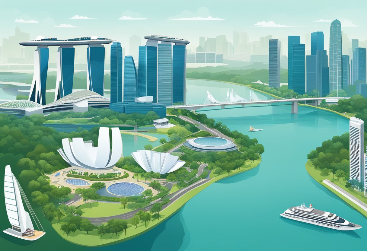 The Singapore skyline features modern skyscrapers and iconic landmarks, such as the Marina Bay Sands and the Singapore Flyer, set against a backdrop of lush greenery and the sparkling waters of Marina Bay
