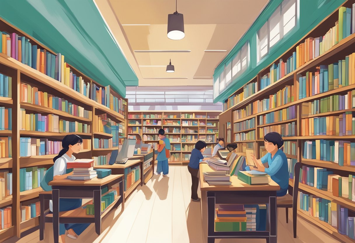 The bustling main store of Books Kinokuniya Singapore, filled with colorful bookshelves and cozy reading nooks