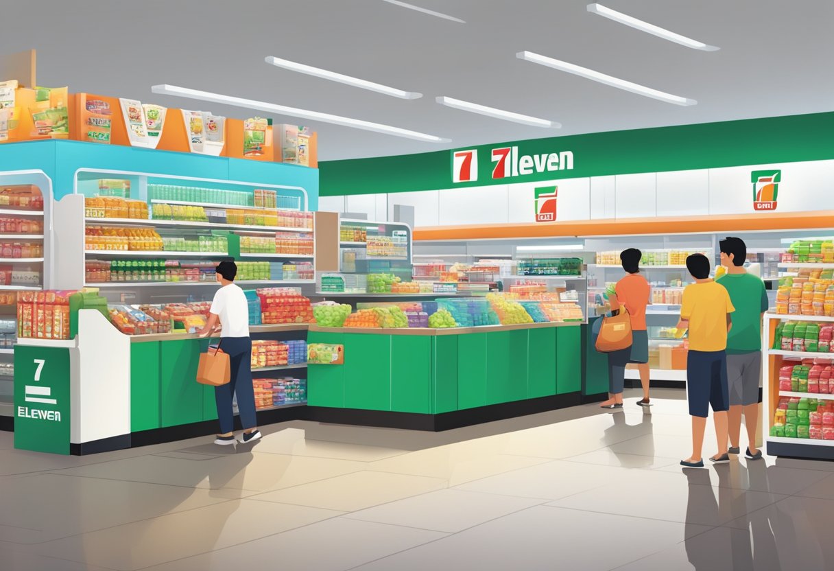 A bustling 7-Eleven store in Singapore with bright signage, shelves stocked with various products, and customers browsing the aisles