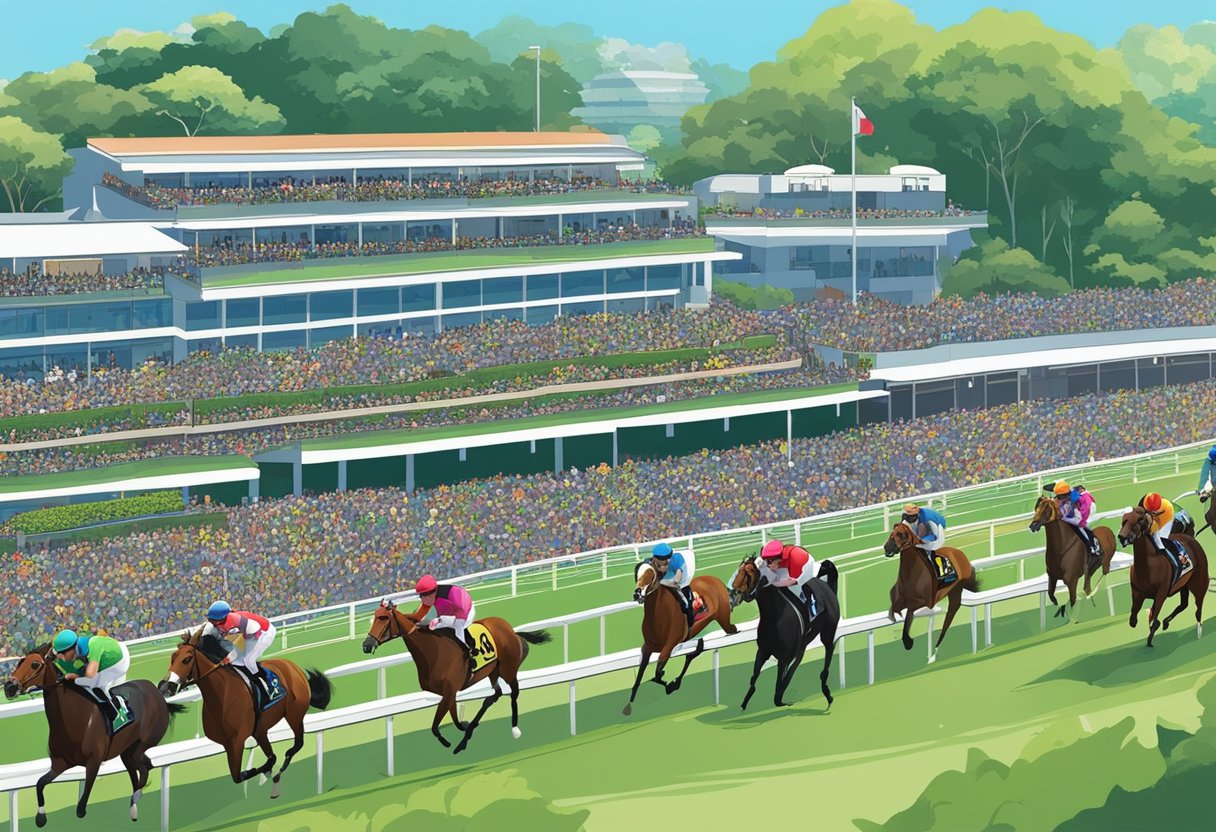 A crowded Singapore Turf Club race card with horses, jockeys, and spectators in the stands, surrounded by lush greenery and a clear blue sky