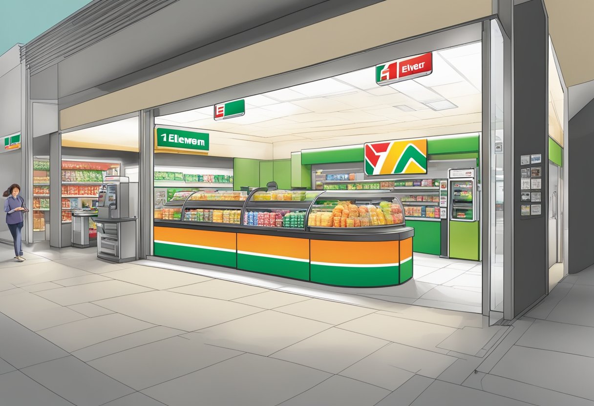 A customer entering a 7-Eleven store in Singapore, with a service counter and various products on display