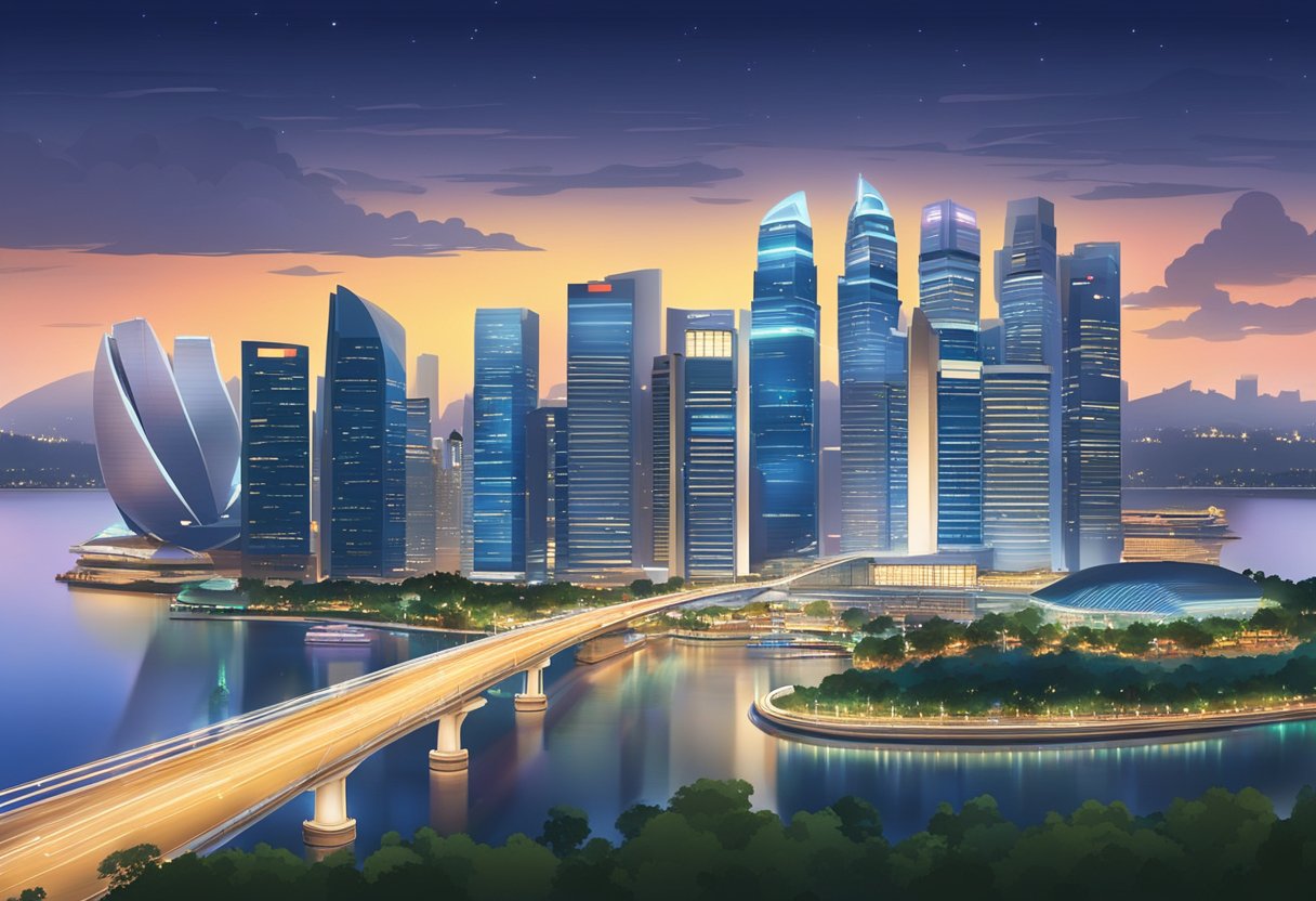 The Singapore skyline glows with city lights at dusk, towering skyscrapers and iconic landmarks create a stunning urban landscape