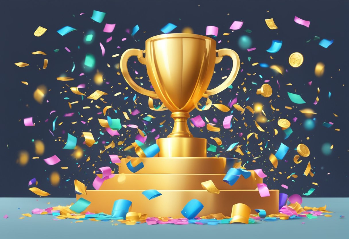 A colorful confetti shower falls on a podium with a large golden trophy and a stack of cash prizes, surrounded by flashing lights and jubilant cheers
