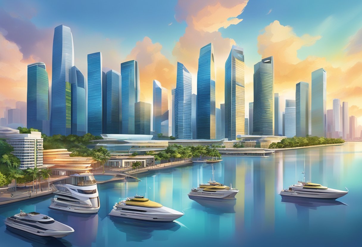 The vibrant cityscape of Ce La Vi Singapore, with towering skyscrapers and a bustling waterfront, creates a dynamic and modern urban setting