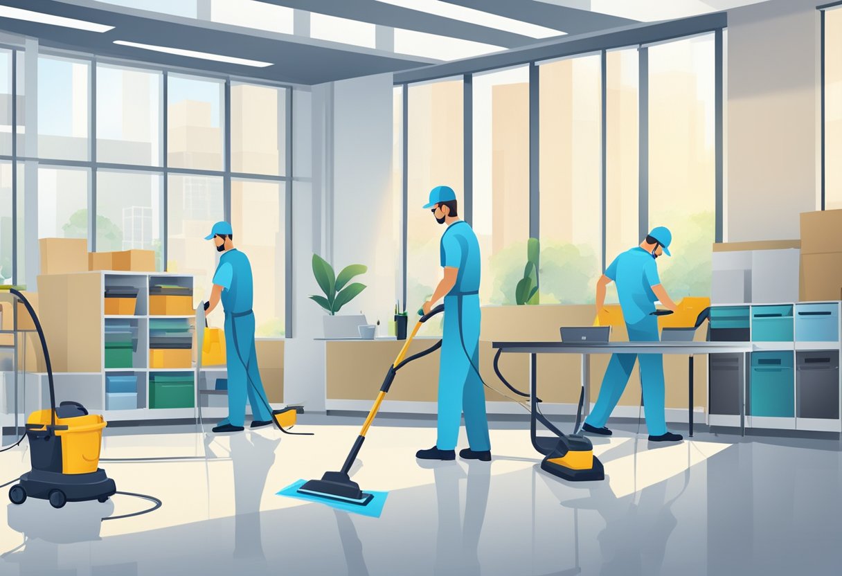 A professional cleaning crew works diligently in a spacious office, using high-quality equipment to ensure a spotless and sanitized environment
