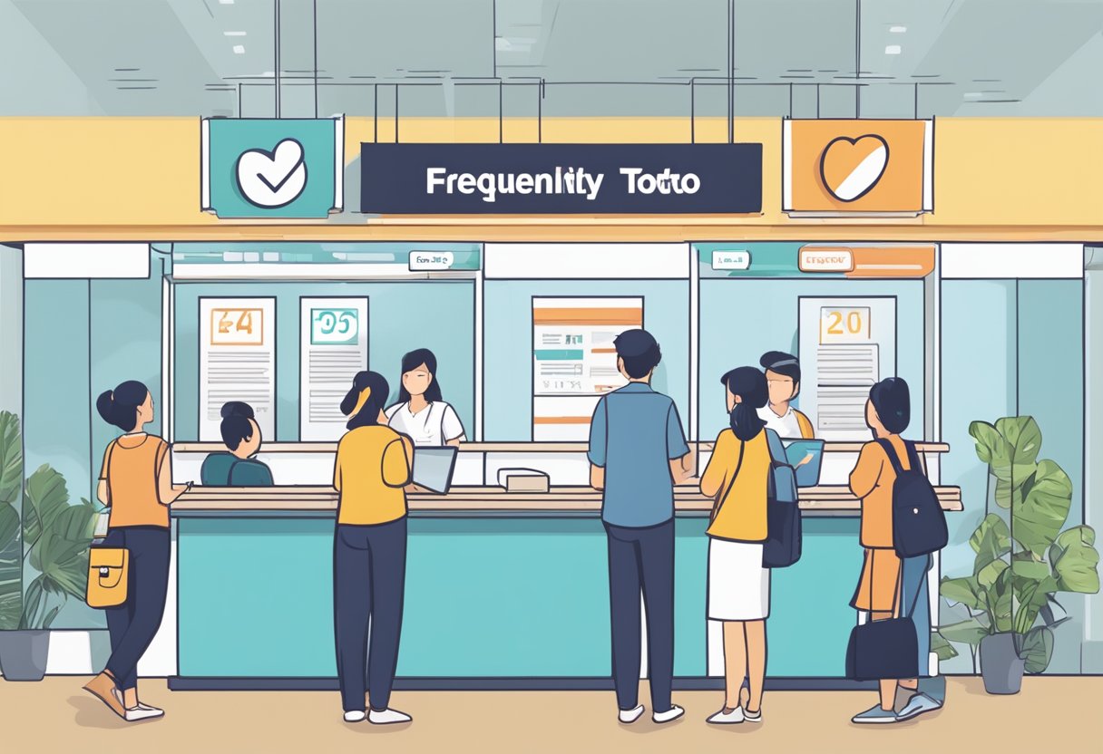 People lining up at a ticket counter, a sign with "Frequently Asked Questions toto 4d singapore" above, and staff assisting customers