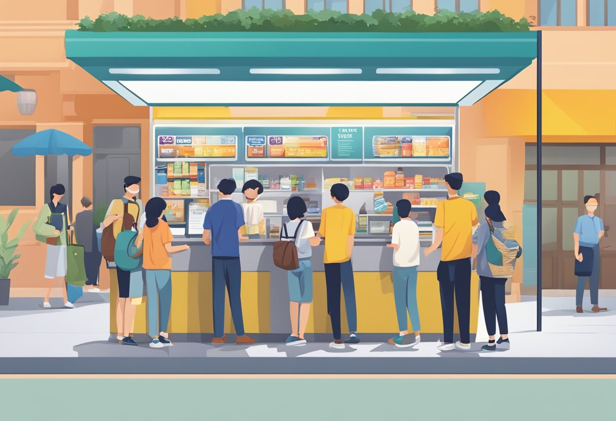 A group of people standing in line at a kiosk, with a sign above that reads "Frequently Asked Questions 7 11 Singapore."