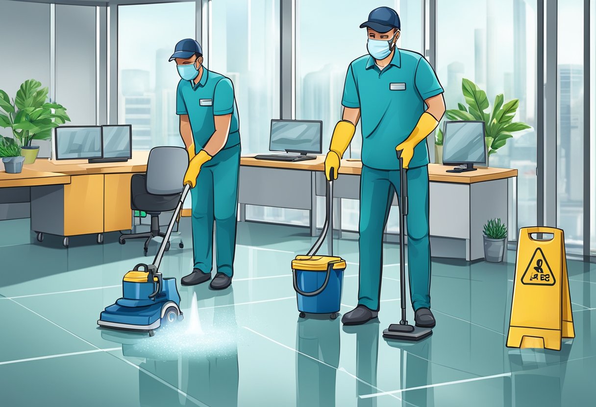A commercial cleaning crew efficiently sanitizes an office space, using professional equipment and environmentally friendly products