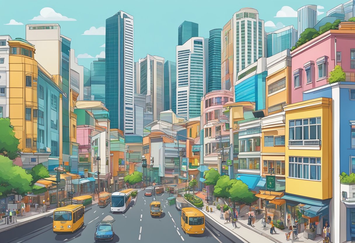 A bustling cityscape of Toyogo Singapore, with colorful buildings, busy streets, and iconic landmarks