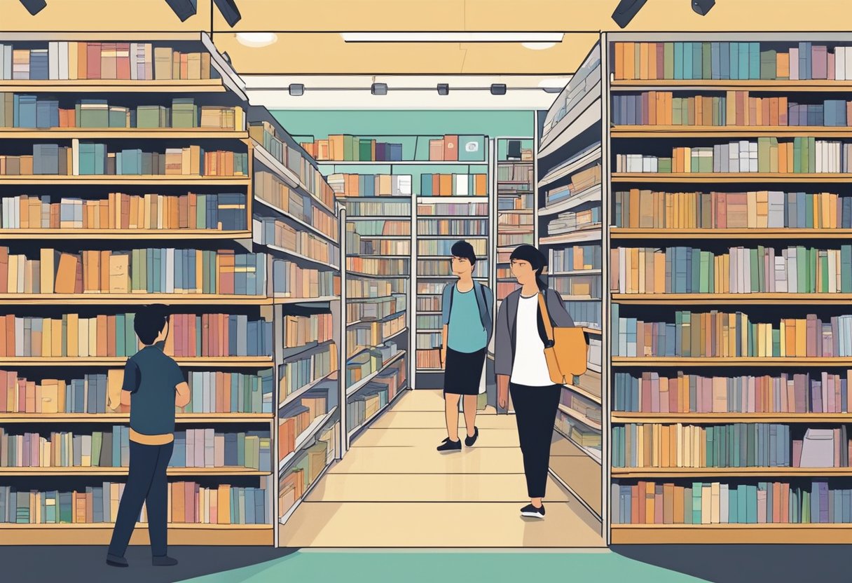 Customers browse FAQ books in Kinokuniya Singapore's main store. Shelves are neatly organized with various titles on display. The store is bustling with activity as people seek information