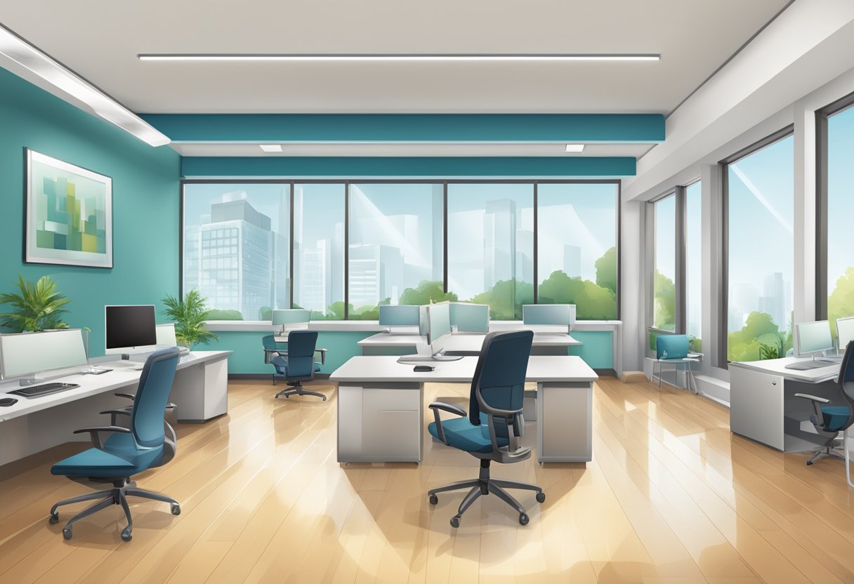 A sparkling office space with pristine floors, gleaming surfaces, and spotless windows. The logo of "Enhancing Your Business Through Cleanliness" is prominently displayed