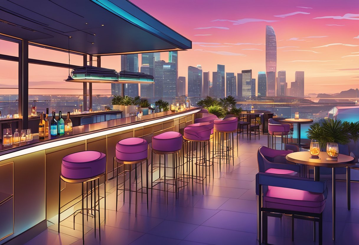 A vibrant rooftop bar with city lights, sleek furniture, and a lively atmosphere at Cé La Vi in Singapore