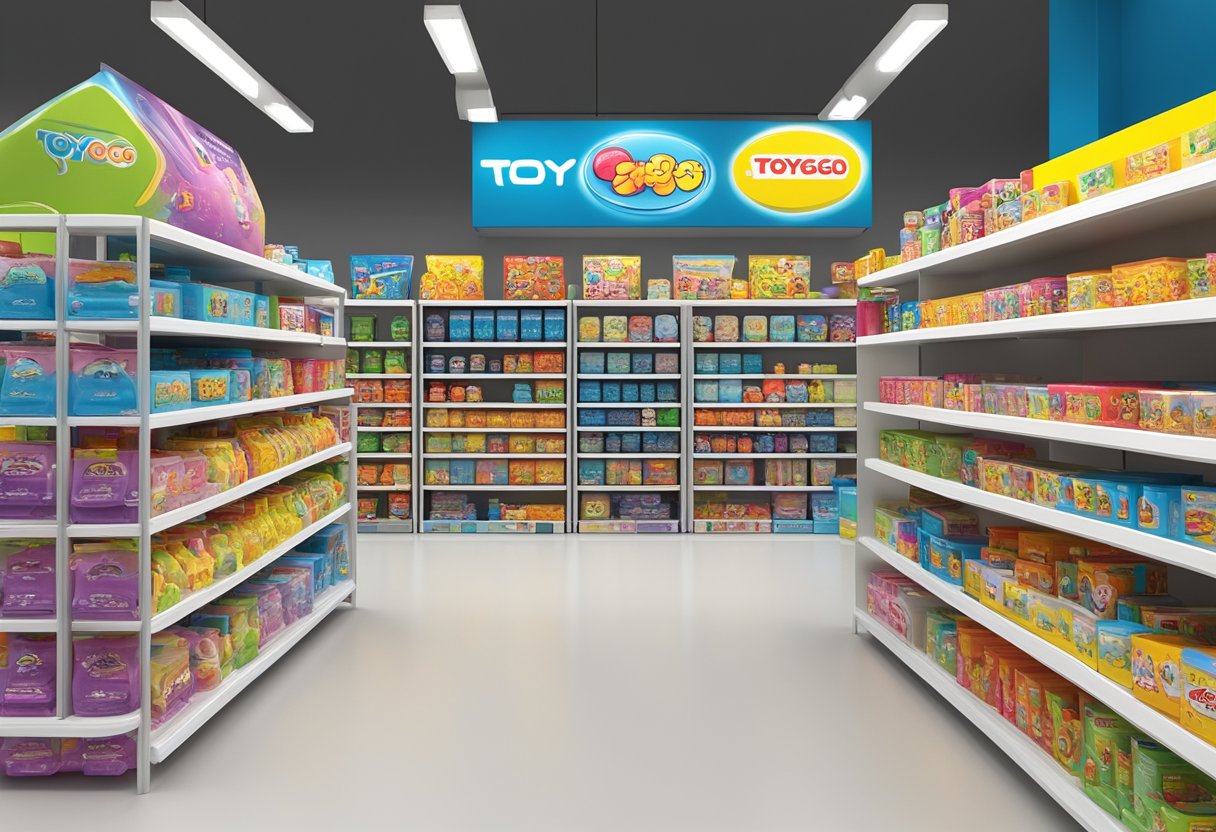 A display of various toy products from Toyogo Singapore arranged neatly on shelves with colorful packaging