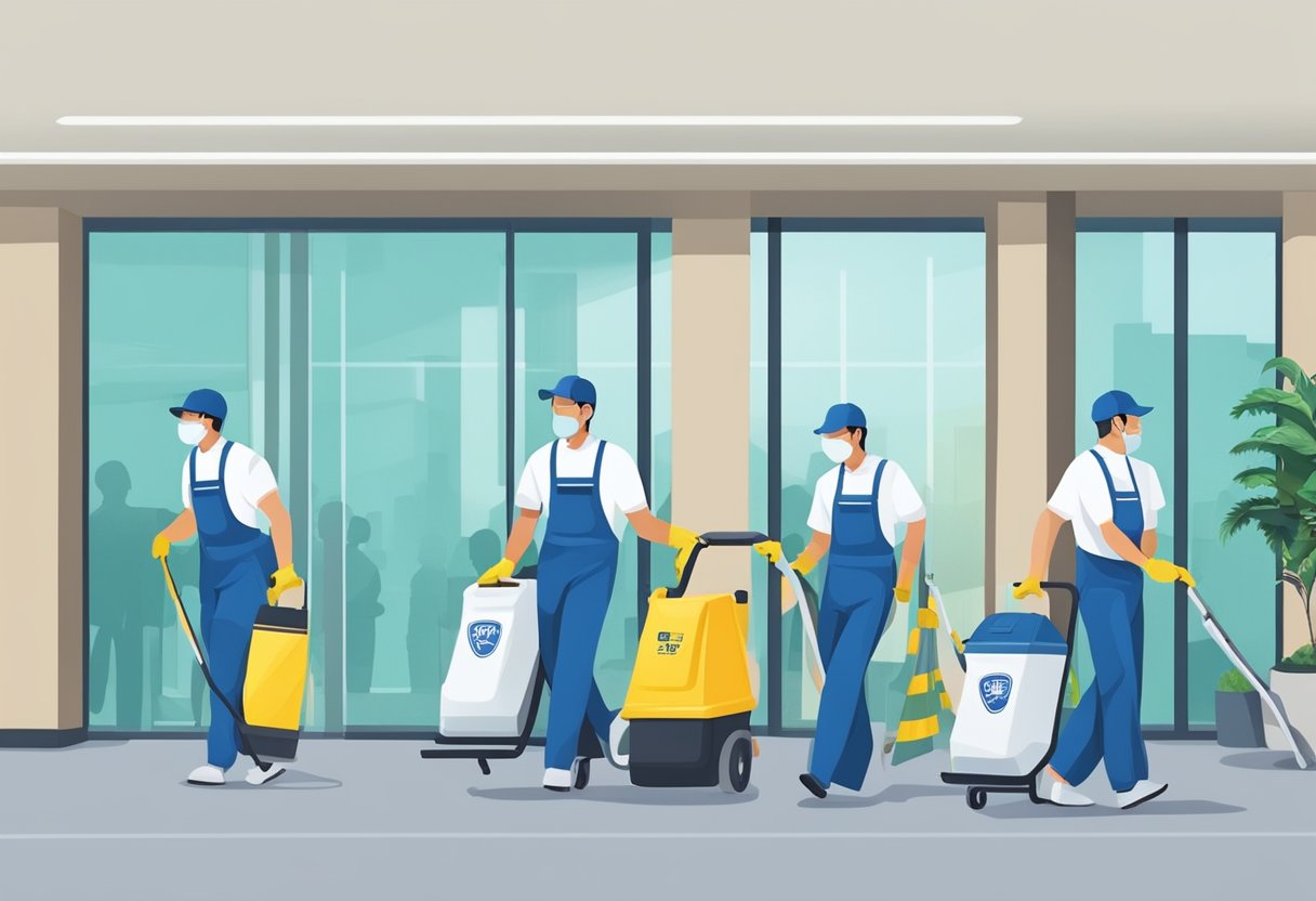 A team of cleaners in uniforms and carrying equipment, entering an office building with a sign that reads "Frequently Asked Questions commercial cleaning services Singapore."