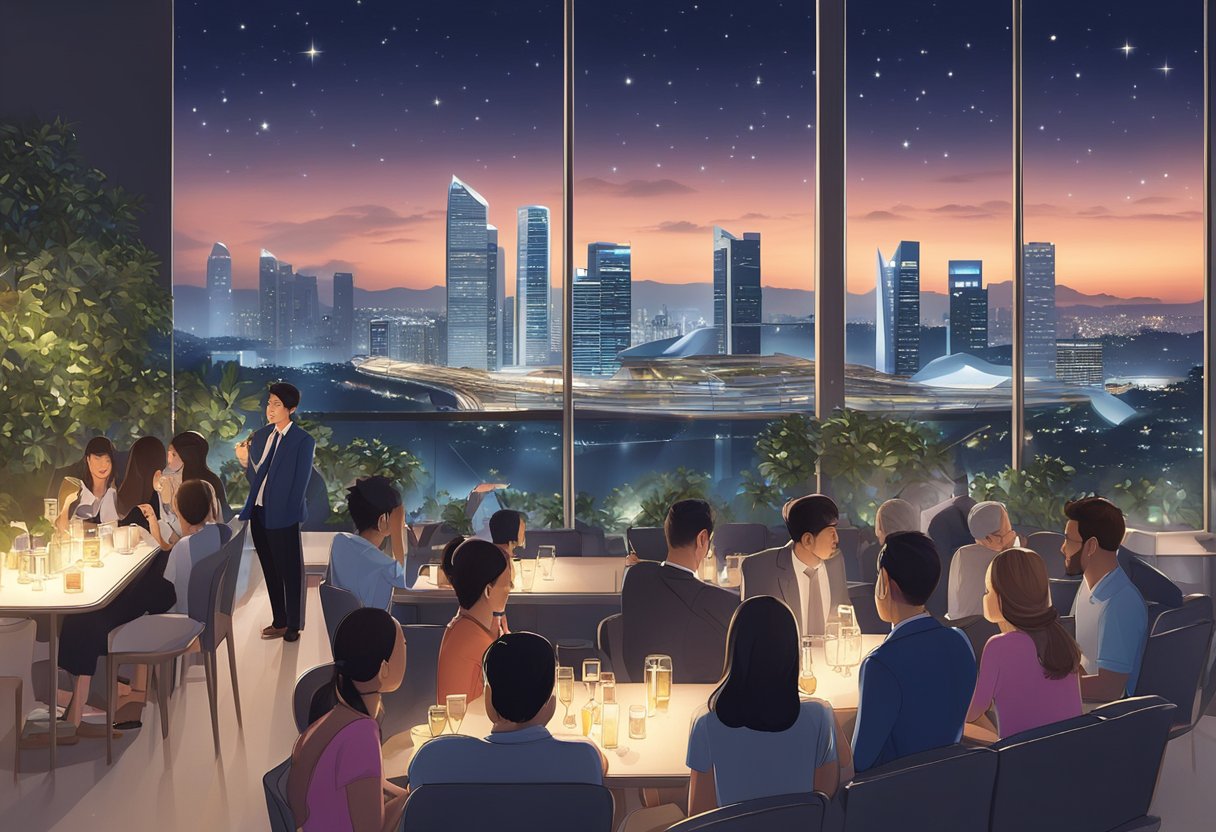 Guests enjoy the panoramic view of Singapore's skyline from the rooftop terrace of Ce La Vi. The city lights sparkle against the night sky