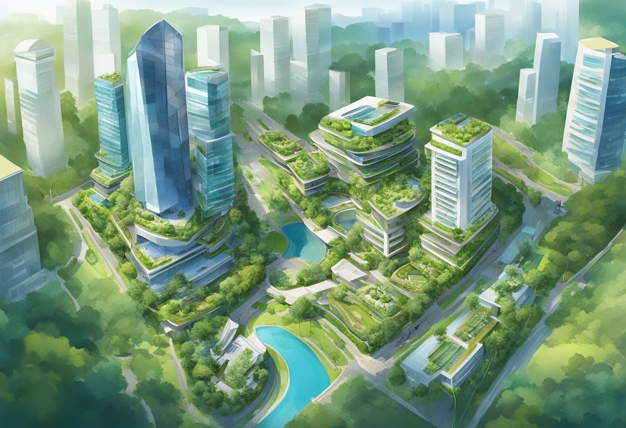 A vibrant cityscape with modern buildings and lush greenery, showcasing the integration of quality and sustainability in Toyogo, Singapore