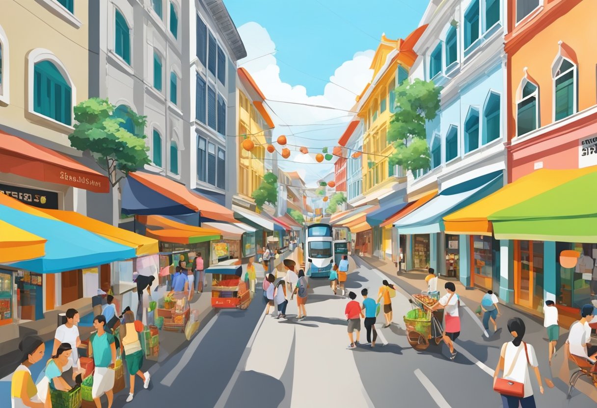Busy street with colorful shophouses and bustling markets in Upper Cross Street, Singapore. Pedestrians and vehicles fill the narrow road