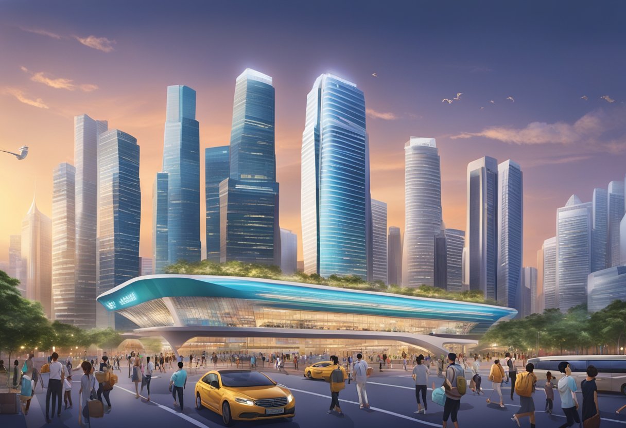 A bustling cityscape with the iconic Ce La Vi Singapore building standing tall against the skyline, with people milling around and a sense of energy and excitement in the air