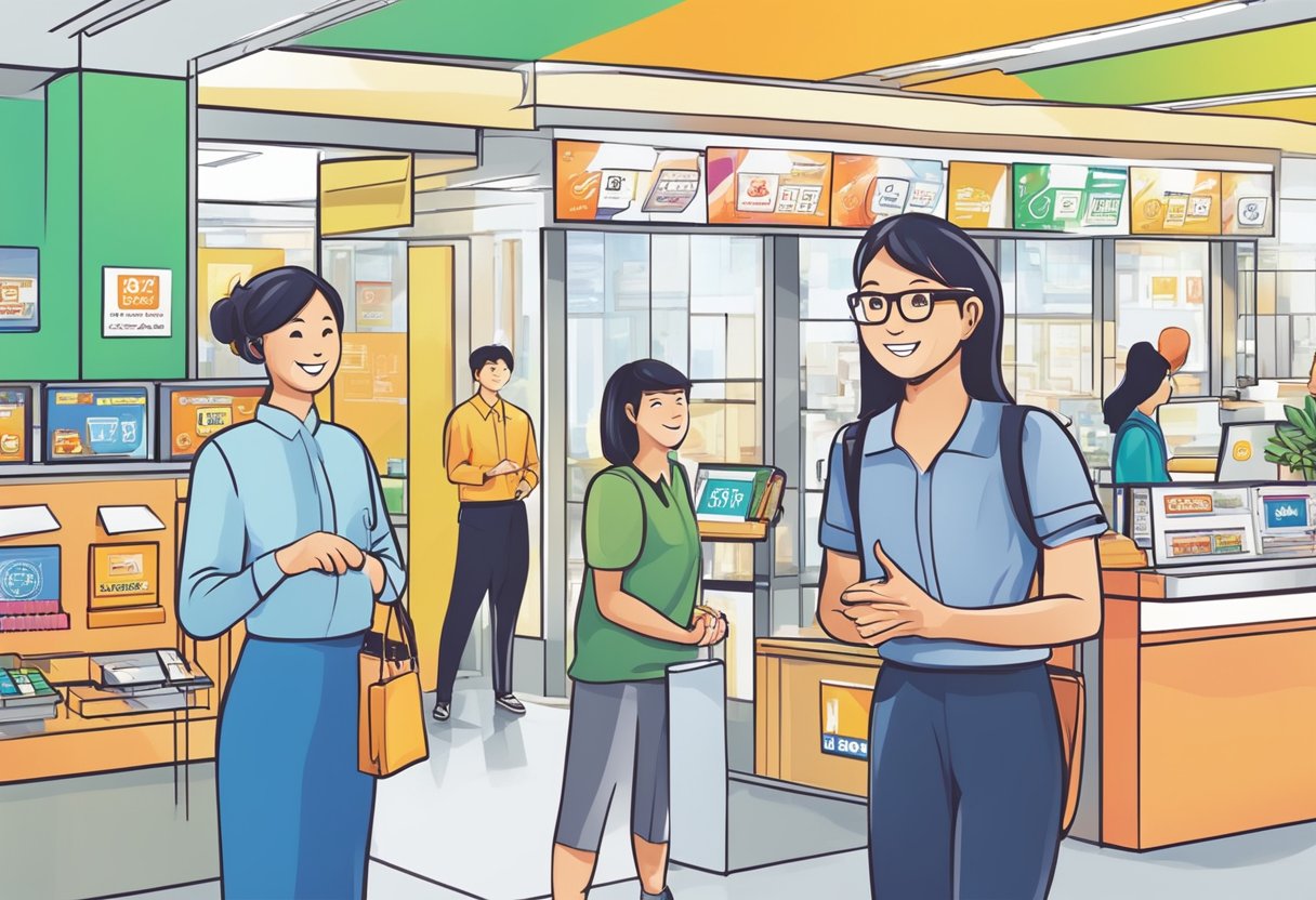 A colorful display of FAQ signs and a friendly customer service representative assisting a line of diverse customers at the Toyogo Singapore store