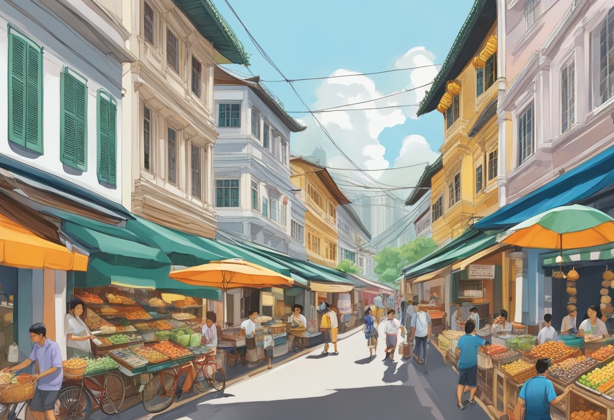 The bustling Upper Cross Street in Singapore showcases a rich blend of history and culture, with traditional shophouses lining the narrow street and vibrant street vendors selling local delicacies