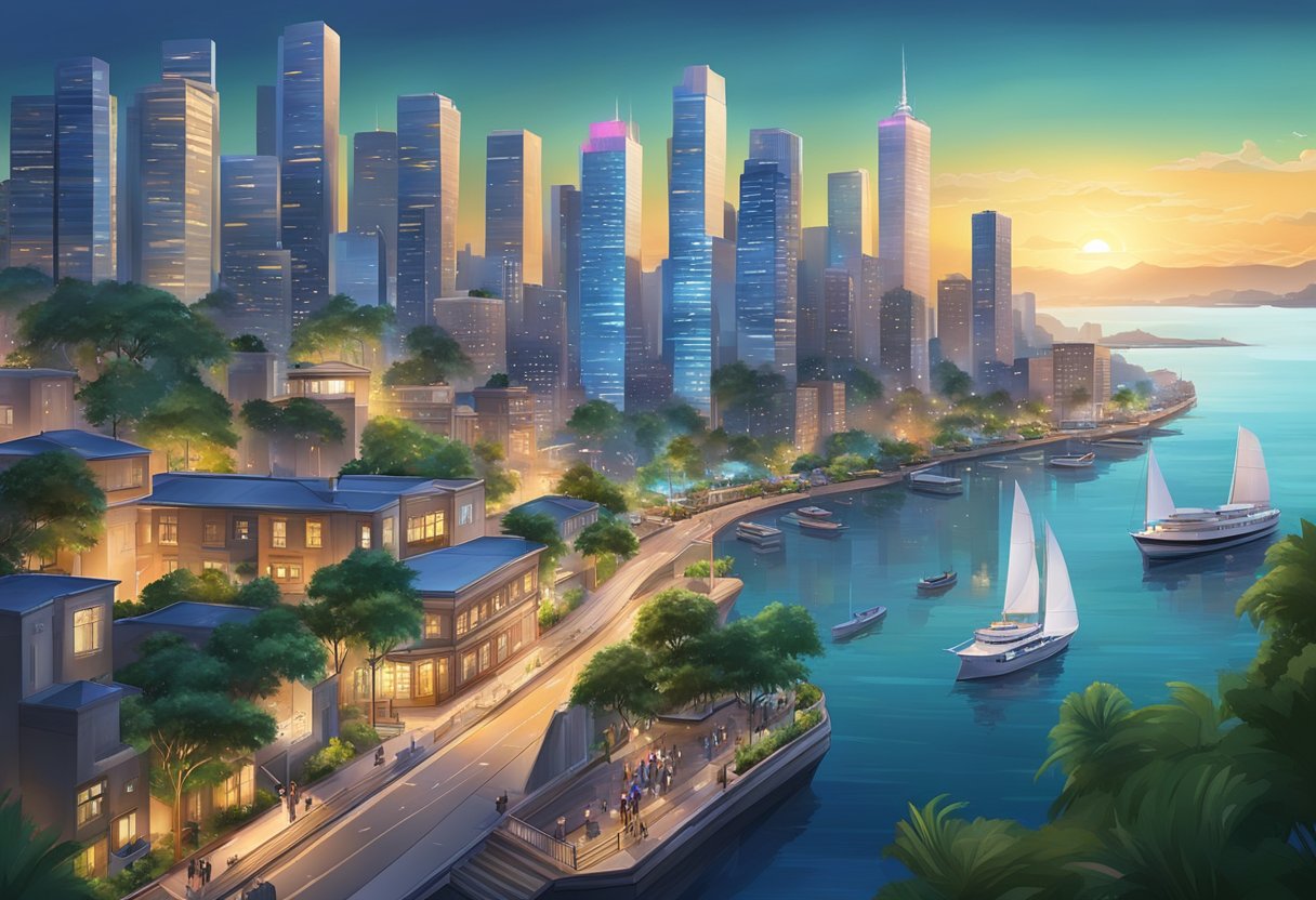 A bustling cityscape with modern skyscrapers and a vibrant nightlife, set against the backdrop of a bustling harbor and lush greenery