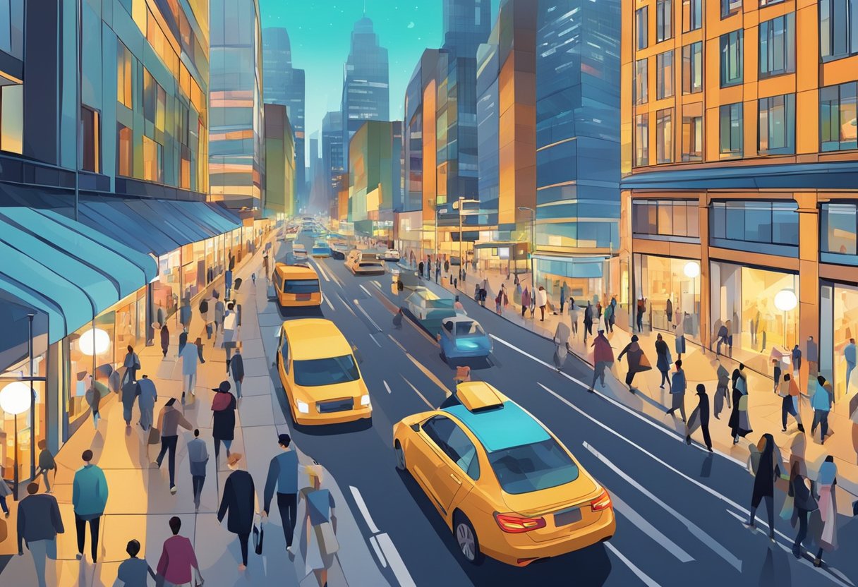 Busy street with modern buildings, cars, and pedestrians. Bright lights and bustling activity