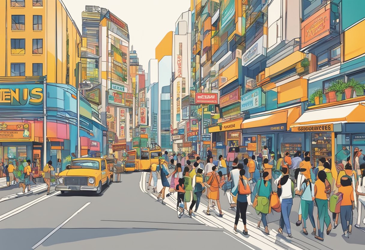 A bustling city street with a prominent storefront displaying the name "Products and Services Venus Singapore" in bold, vibrant lettering. Pedestrians and vehicles pass by, creating a lively atmosphere