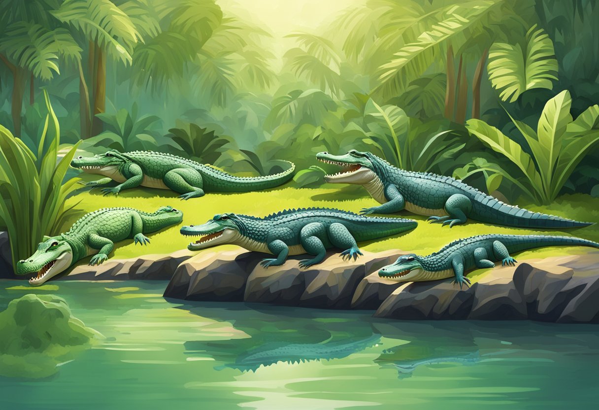 A group of crocodiles basking in the sun at a farm in Singapore, surrounded by lush greenery and a serene water body