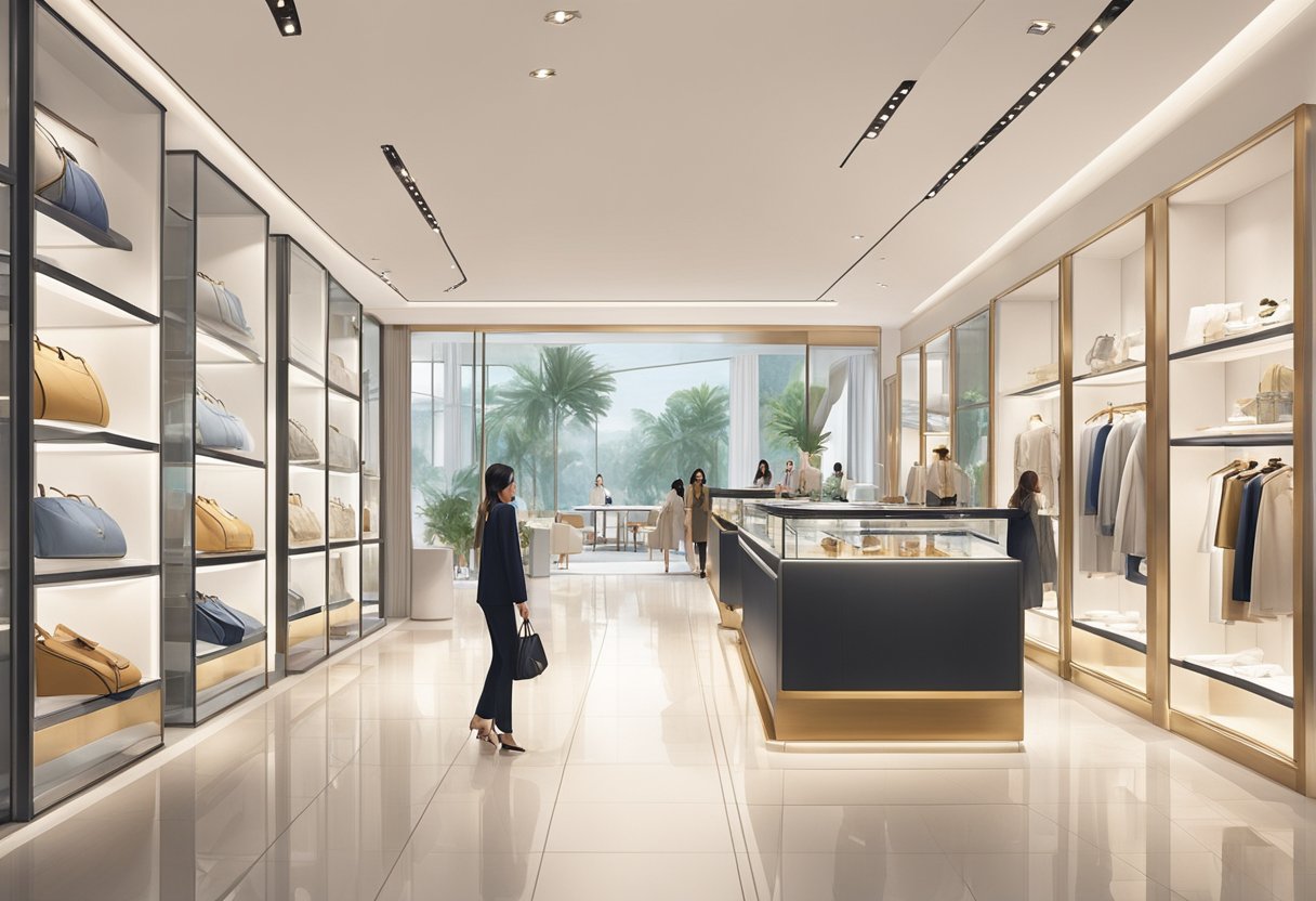 Customers browse through luxury items in a modern, well-lit space with sleek displays and elegant decor at Venus Singapore