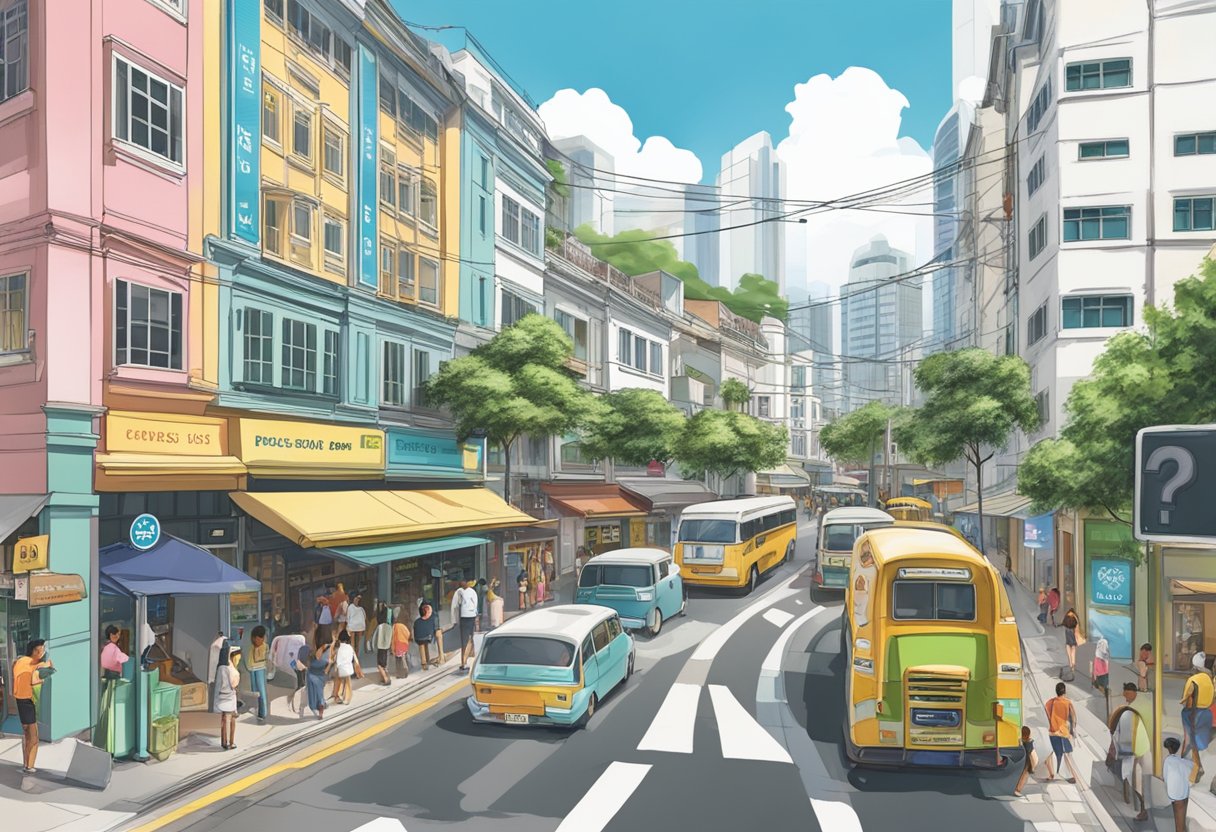 A bustling street with a prominent sign reading "Frequently Asked Questions" on Upper Cross Street, Singapore